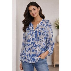 Floryday- Chic Blue and white Floral Blouse Size M